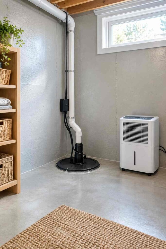 Sump pump and dehumidifier in a sealed lower level of a split foyer home