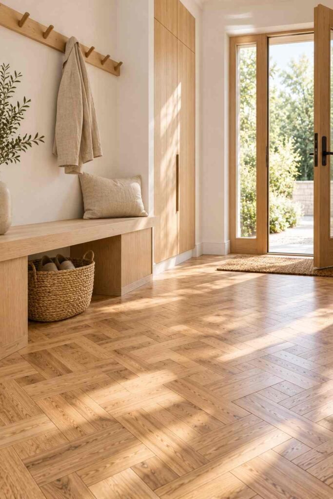 30 Scandinavian Interior Design Ideas with Wood Block Flooring for a Warm, Light-Filled Home 13 Basket-weave wood block flooring in a tidy Scandinavian entryway with bench and hooks
