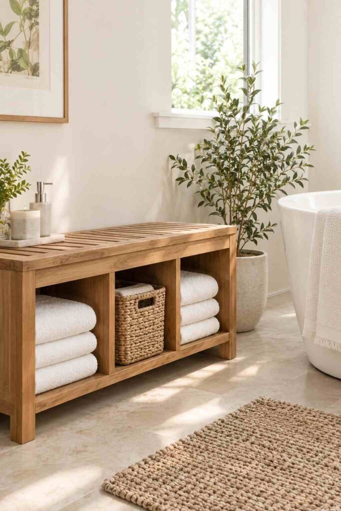 27 Bathroom Storage Ideas For Towels That Fit Into Tiny Powder Rooms to Primary Baths 9 Teak bathroom bench with cubbies holding folded white towels and a basket.