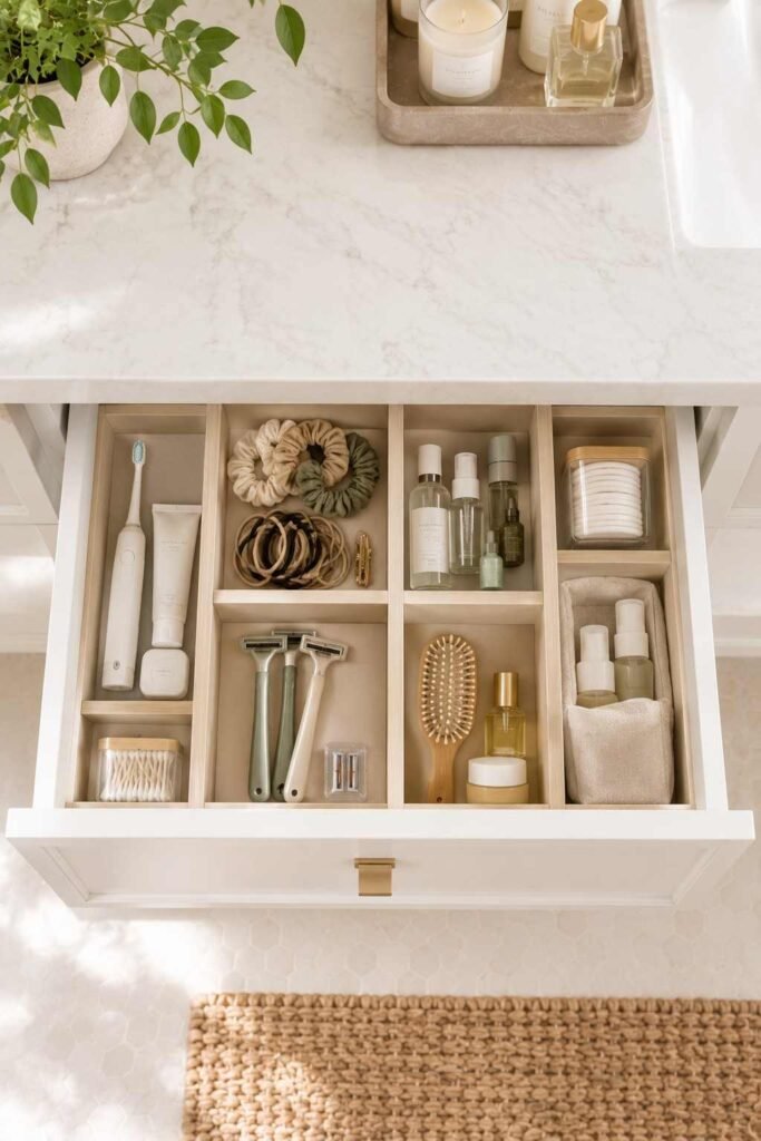 Bathroom Storage Ideas for Toiletries: 30 Smart Ways to Organize Every Space 18 Open bathroom drawer with dividers separating dental care and hair accessories
