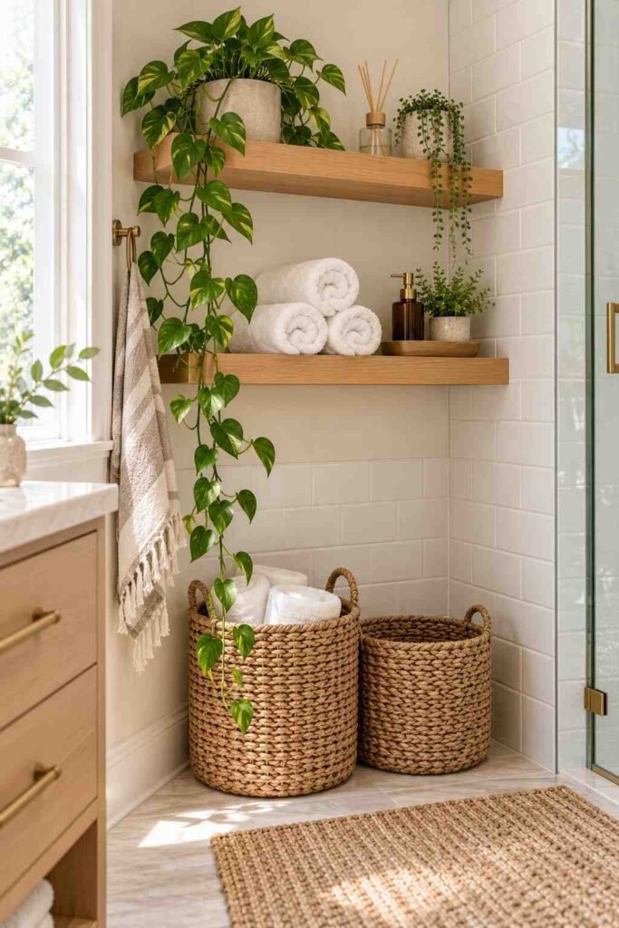 Vertical storage and a humidity-friendly plant organize and soften a small bathroom.