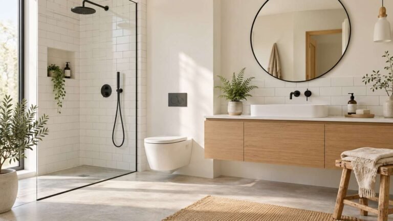Bathroom ideas scandinavian interior design: warm white walls, oak vanity and black faucet