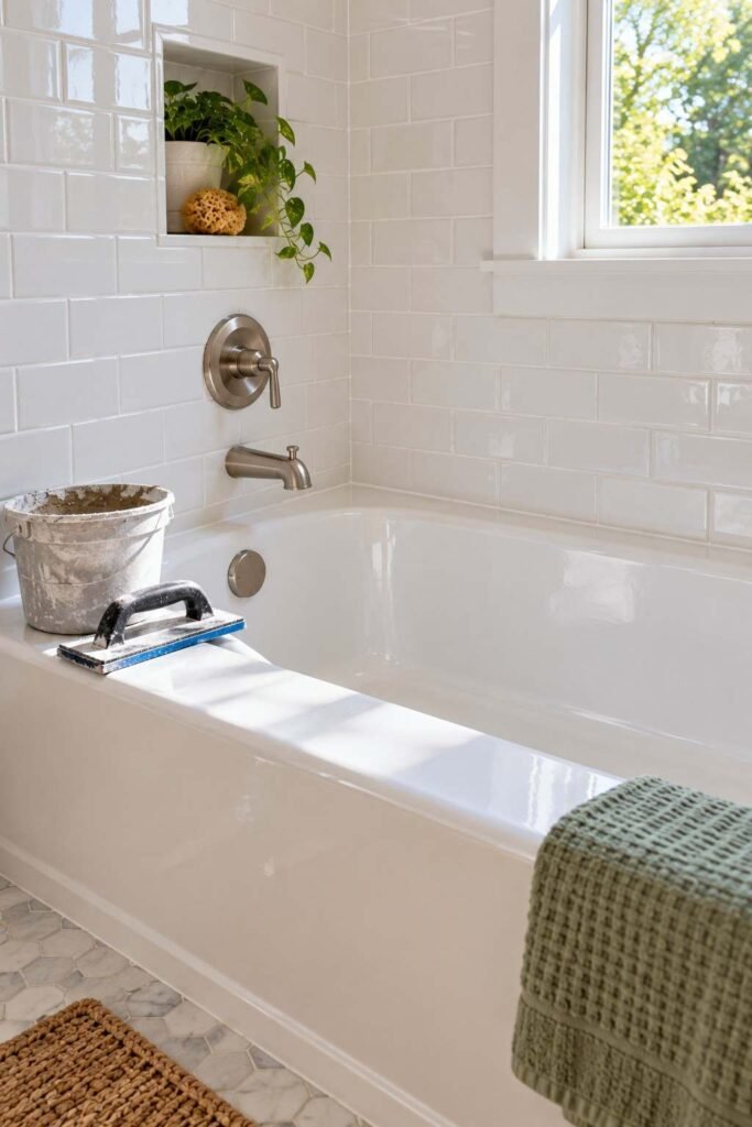 Reglazed bathtub with fresh grout and caulk in a budget bathroom update.