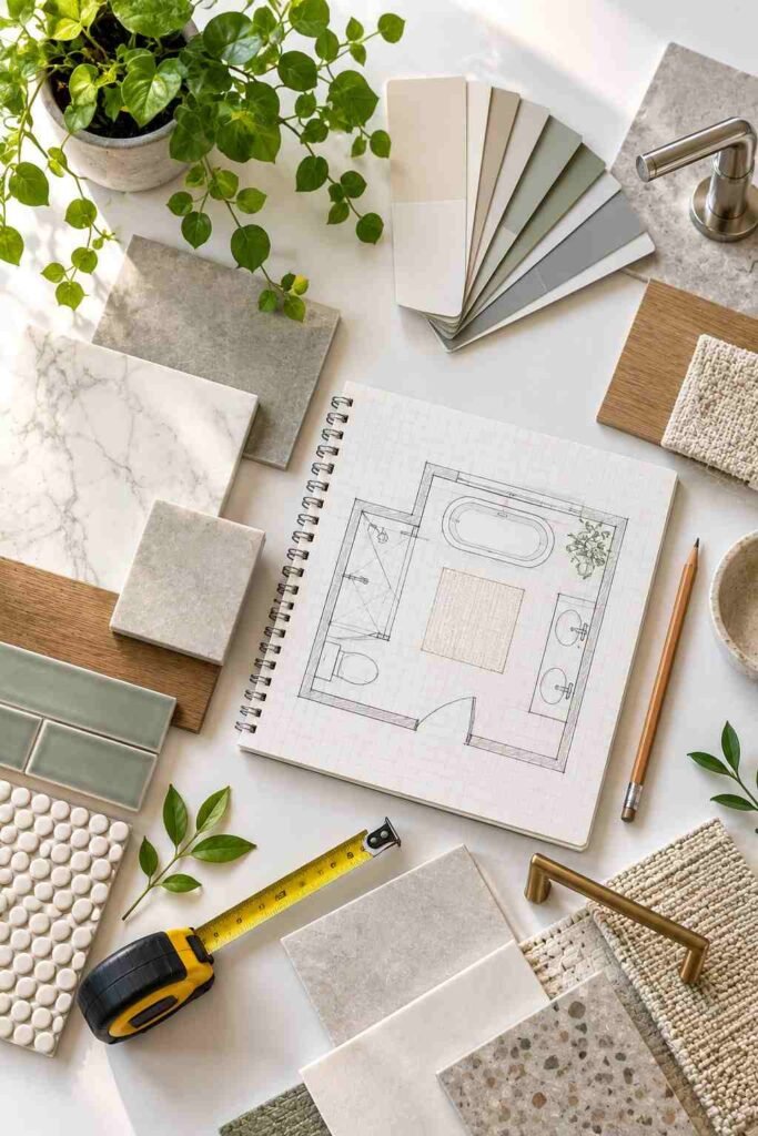 Flat lay of tile samples, paint swatches, tape measure, and a hand-drawn bathroom floor plan.
