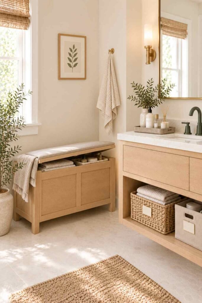 Bathroom Storage Ideas for Toiletries: 30 Smart Ways to Organize Every Space 17 Wood bathroom bench with the lid open showing towels and spare toiletries