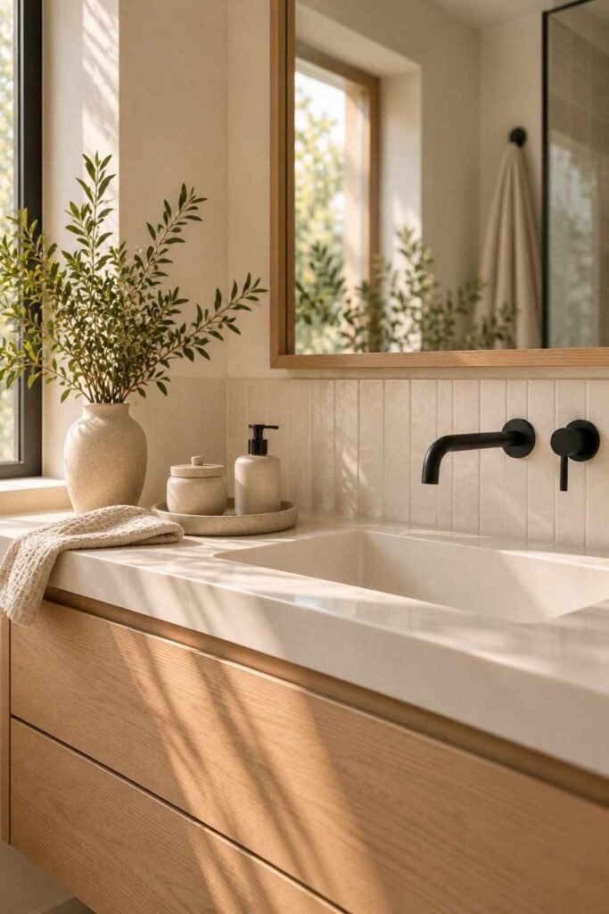 Tidy oak bathroom countertop with a ceramic tray, jar and soap dispenser