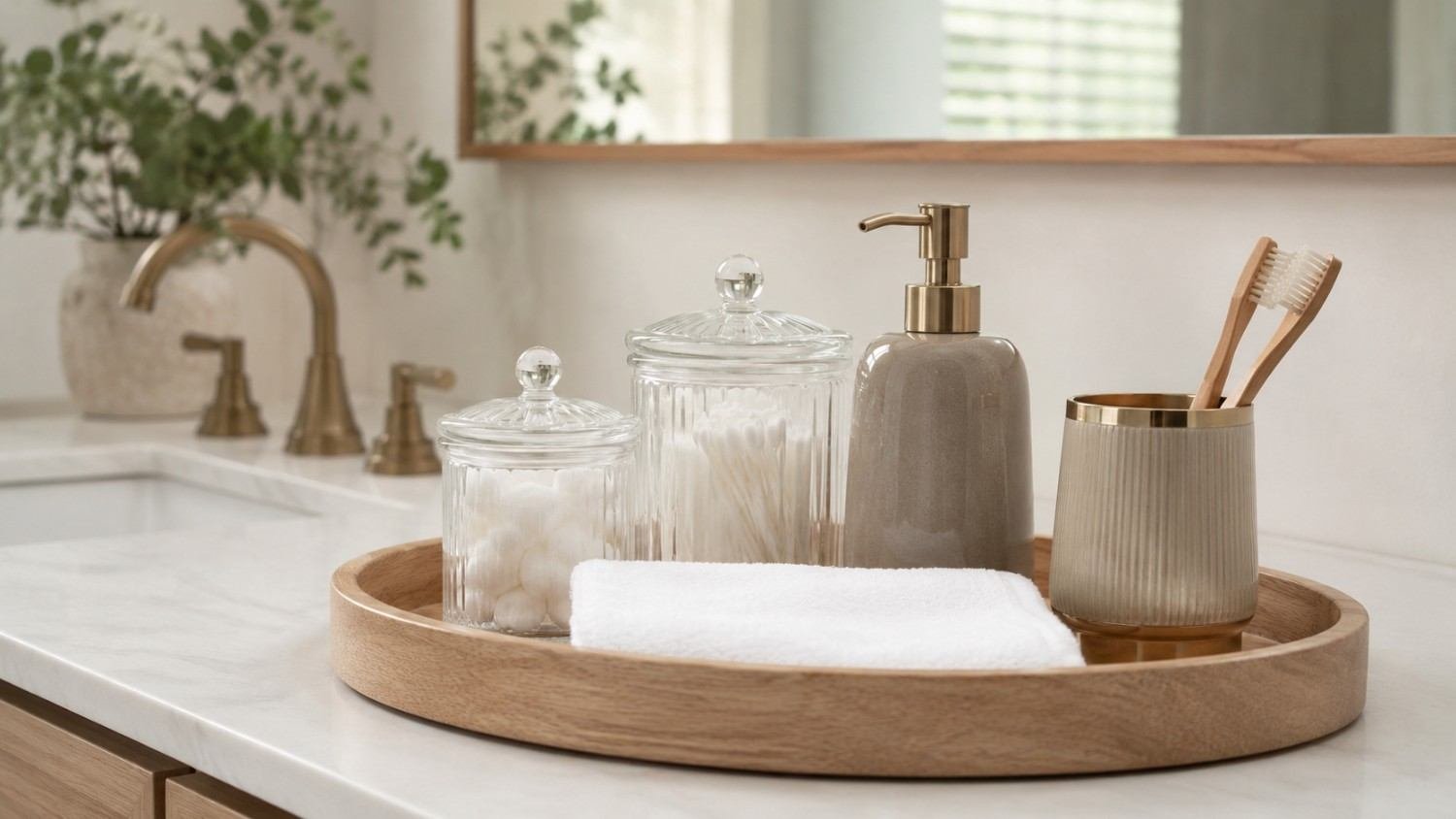 Tidy bathroom vanity with a wood tray, glass canisters and brass accents