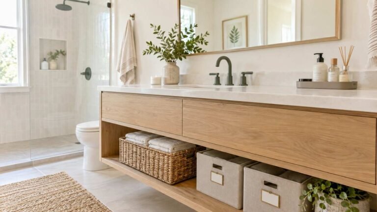 Bright warm-spa bathroom with a wood vanity and organized toiletries