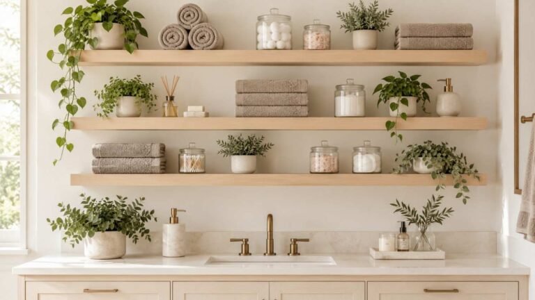 bathroom storage ideas shelves, Warm spa bathroom with floating wood shelves, rolled towels, glass jars, and plants