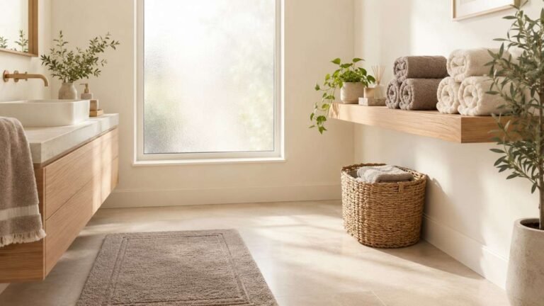 bathroom storage ideas for towels, Warm neutral bathroom with rolled towels on a wood shelf and a basket