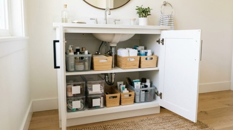 bathroom storage ideas under sink, Open bathroom vanity with organized under-sink storage