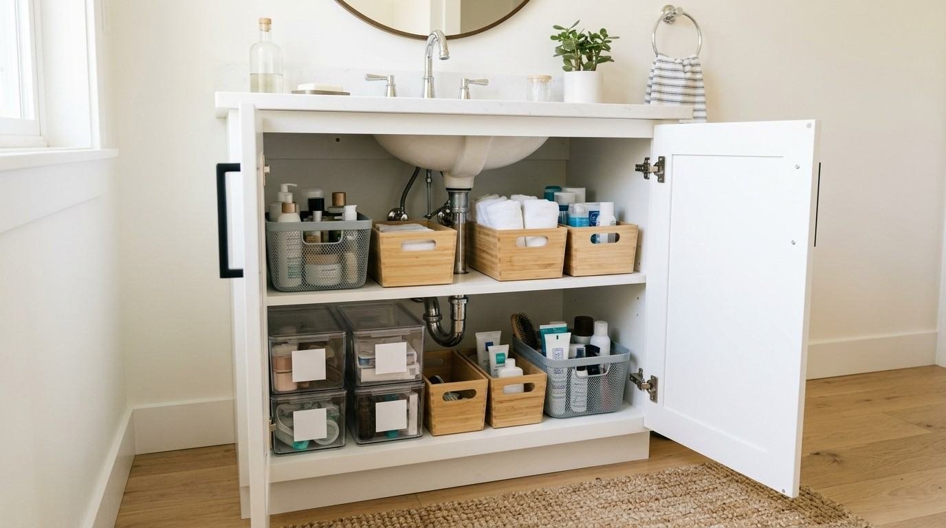 bathroom storage ideas under sink, Open bathroom vanity with organized under-sink storage