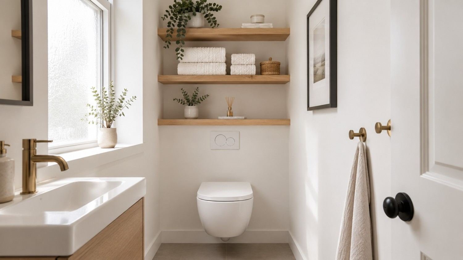 Bathroom Storage Ideas Wall Mounted, Small bright bathroom with blonde wood floating shelves above the toilet
