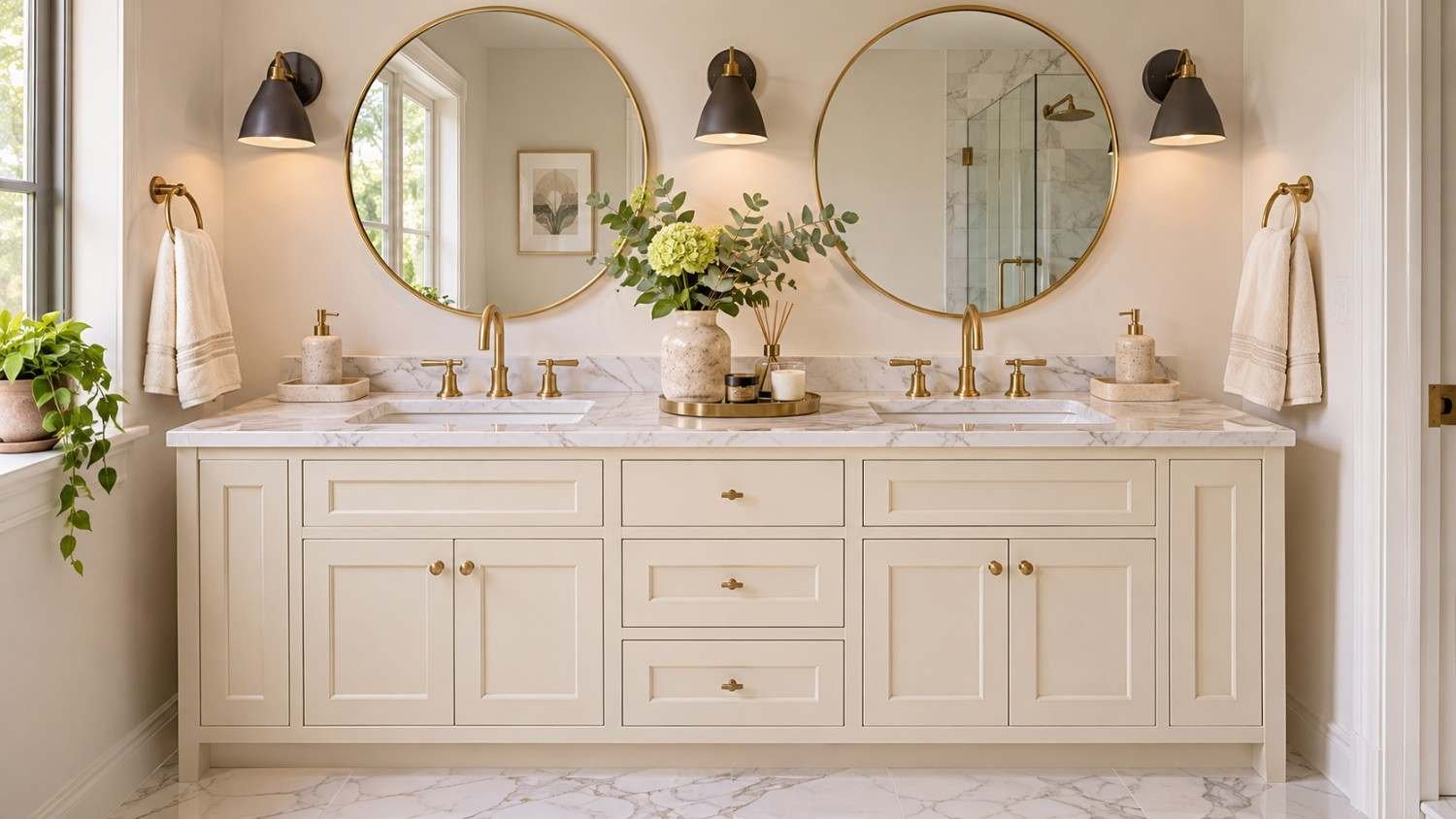 Bathroom vanity ideas double sink with white marble top, brass faucets and a warm color