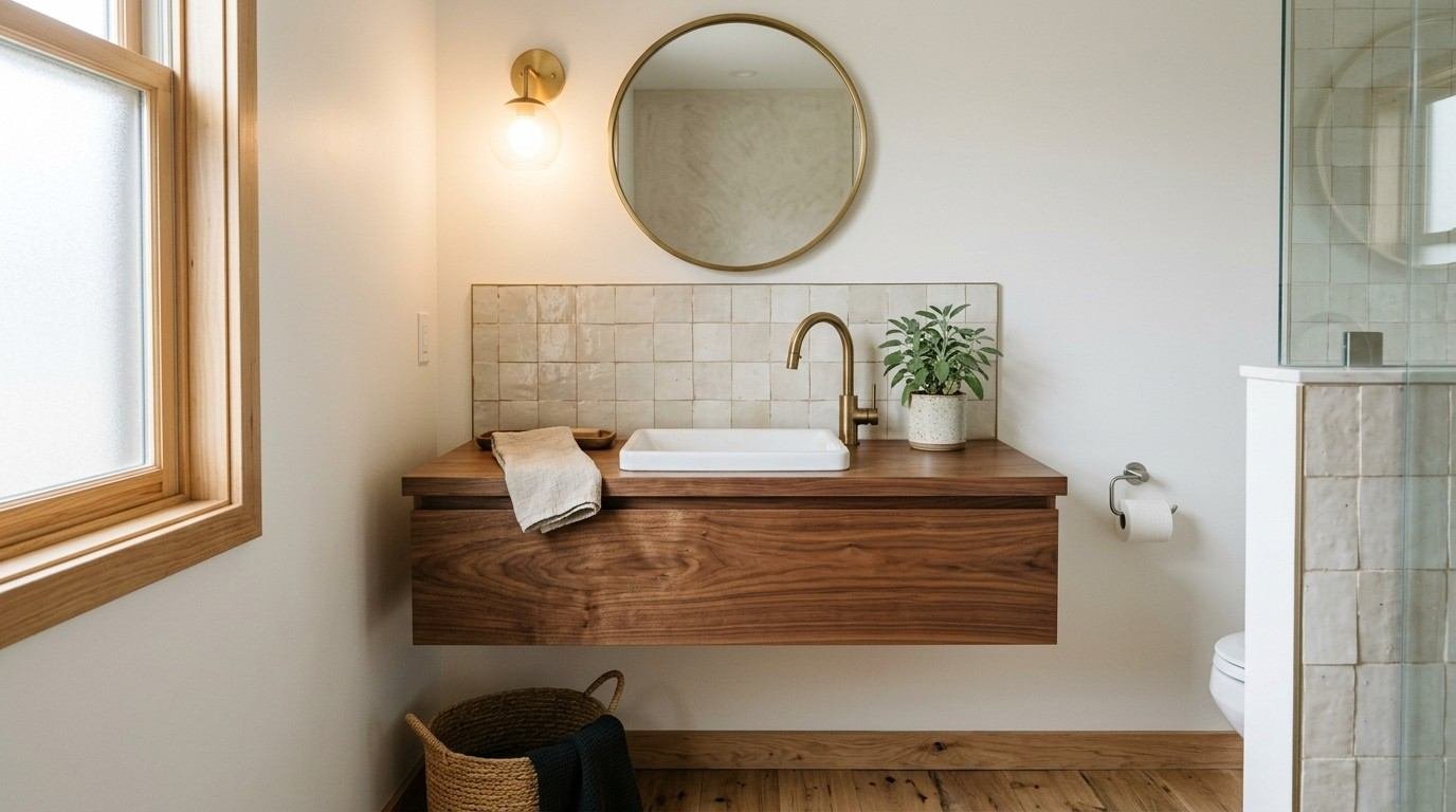 Bathroom vanity ideas single sink: walnut floating vanity with brass faucet
