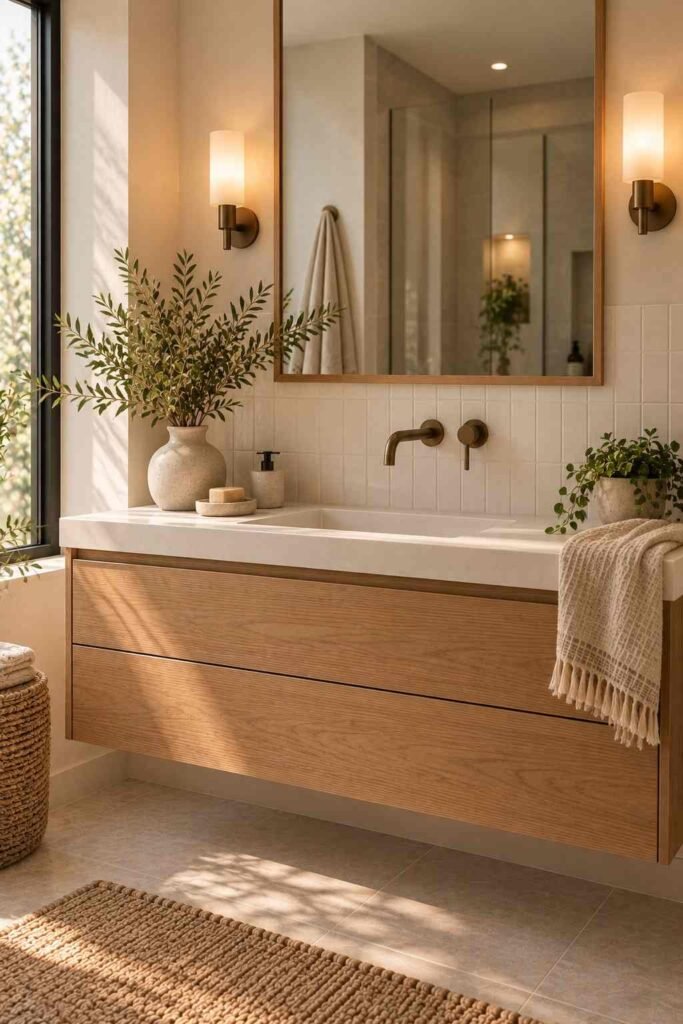 Two wall sconces flanking a bathroom mirror for even vanity lighting