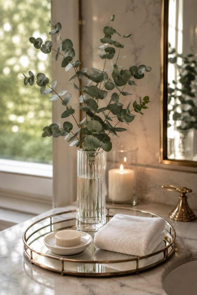 27 Chic Mirror Table Decor with Fresh Flowers Ideas for Home, Weddings, and Parties 16 Eucalyptus stems in a slim vase on a mirrored vanity tray in a bright bathroom