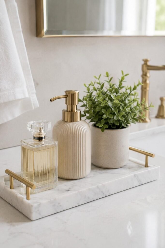Vanity tray with perfume, hand soap and a small plant on a bathroom counter