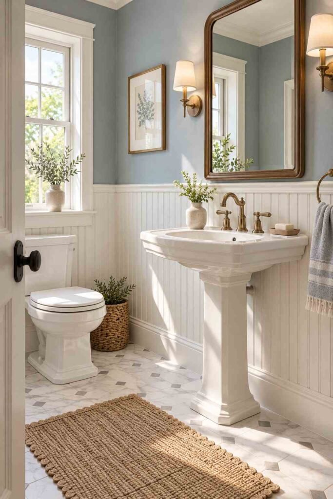 Bathroom with white beadboard wainscoting, blue-gray walls, and a pedestal sink.