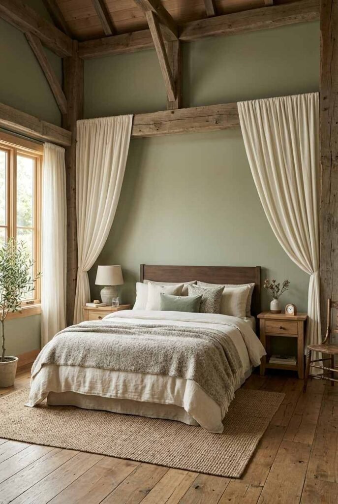 Cream drapes hung from exposed beams above a bed in a sage green bedroom.