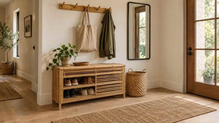 Beautiful bamboo entryway storage idea with slatted shoe rack, hooks, and basket, plus a warm neutral color