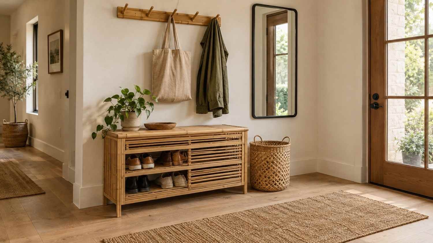 Beautiful bamboo entryway storage idea with slatted shoe rack, hooks, and basket, plus a warm neutral color