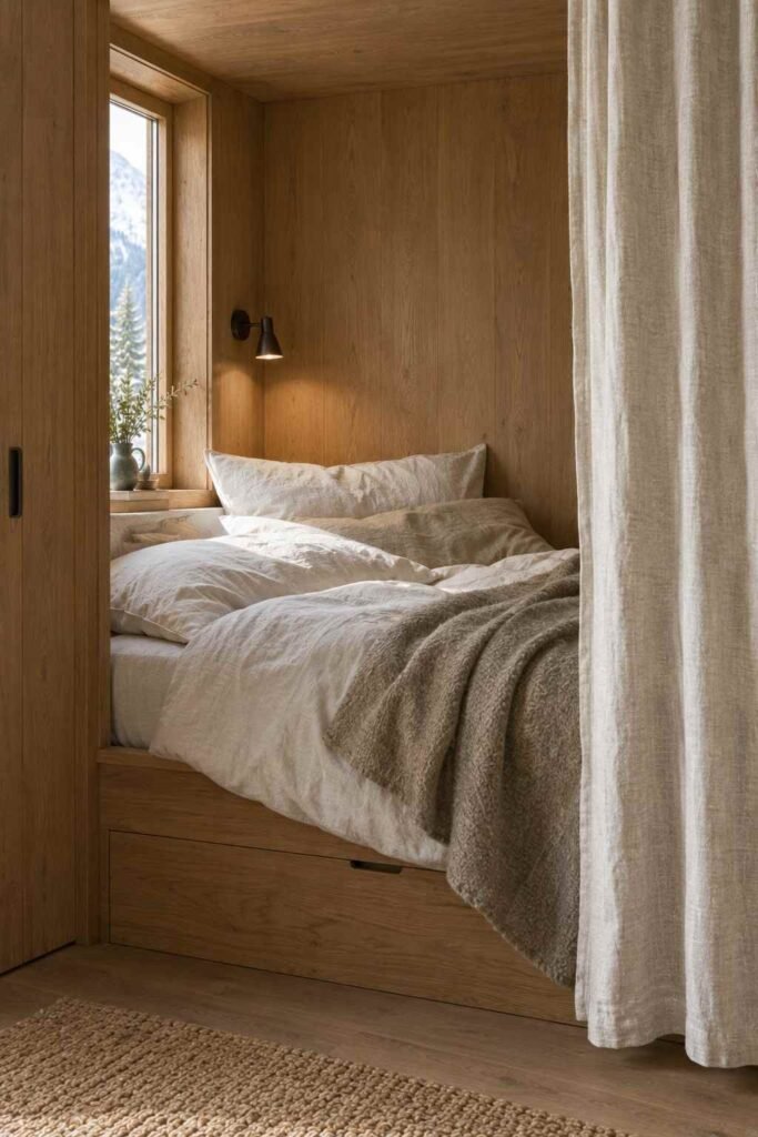 27 Scandinavian Mountain Interior Design Ideas: Ways to Create a Warm Nordic Cabin 15 Built-in wooden bed alcove with linen bedding in a Scandinavian cabin bedroom