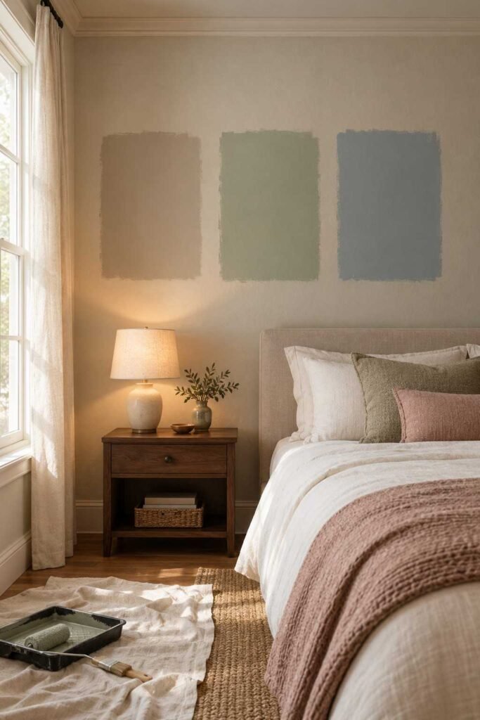 Three large paint sample squares on a bedroom wall in morning light.
