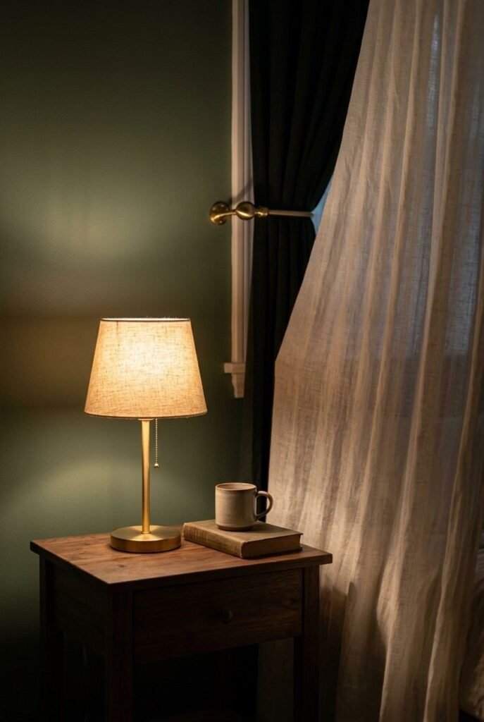 Brass bedside lamp with linen shade next to a sage green wall and canopy drape.