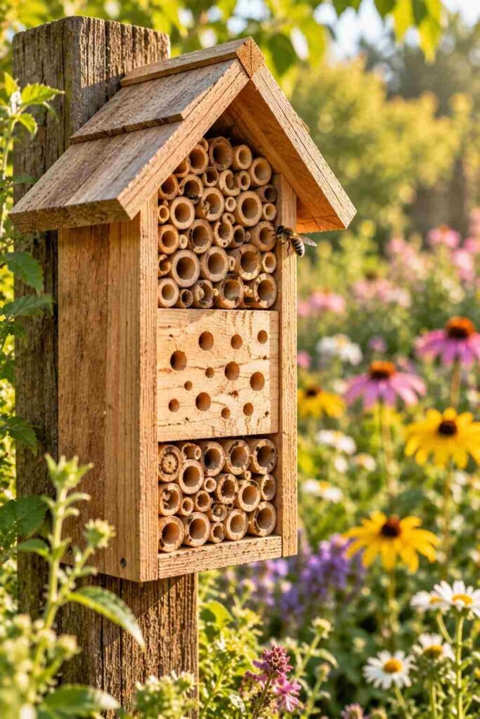 28 Budget-Friendly Outdoor Decorations DIY Garden Projects for Every Season 19 Wooden bee hotel with bamboo canes and drilled wood blocks facing the morning sun in a garden