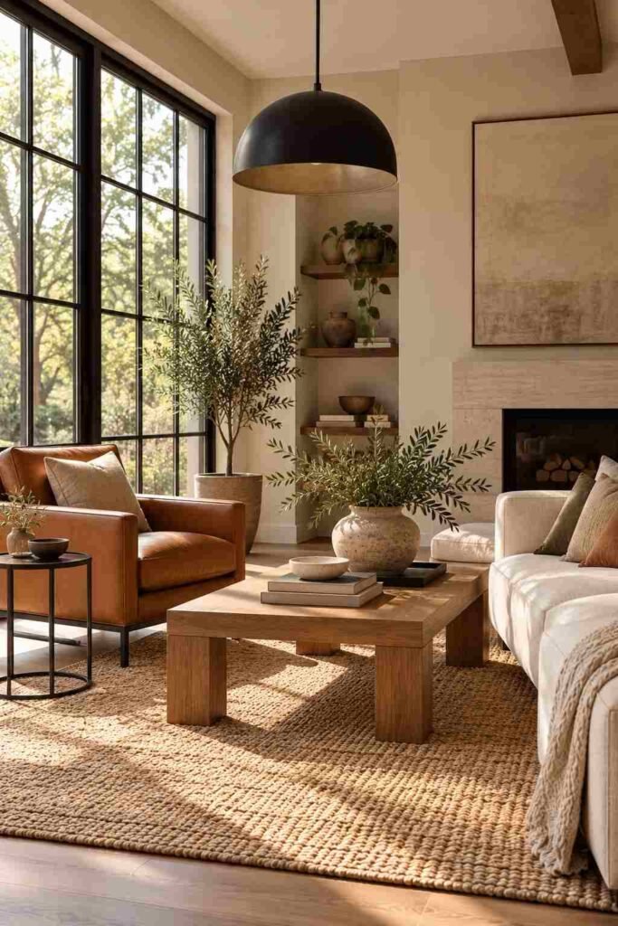Modern beige and black living room with black window frames and camel leather chair