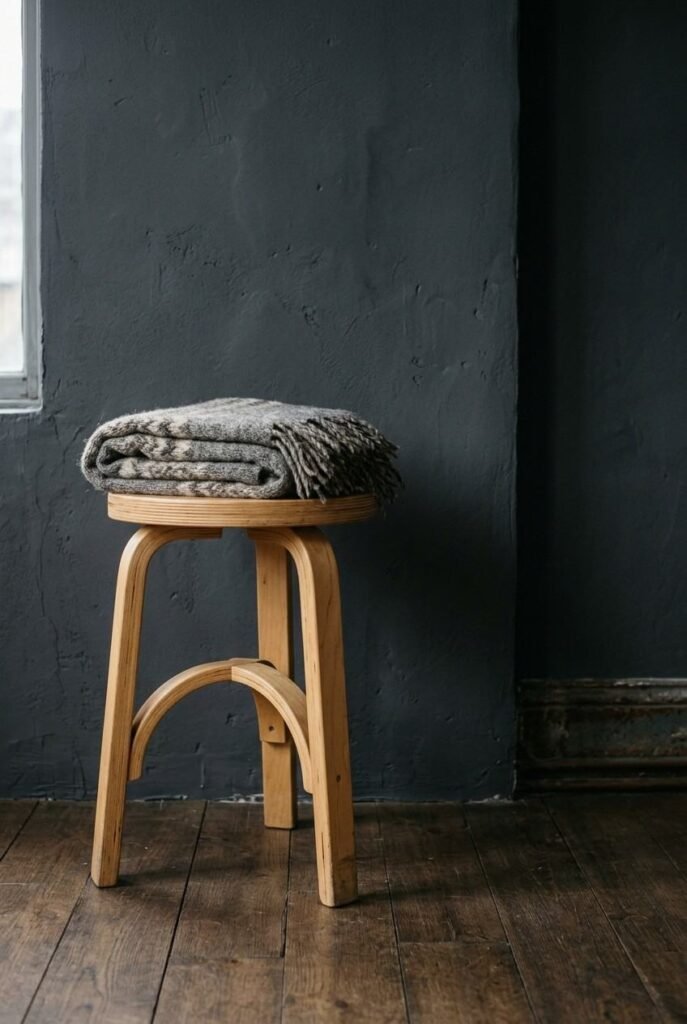 Bent-wood stool with a wool throw in a dark Scandinavian room