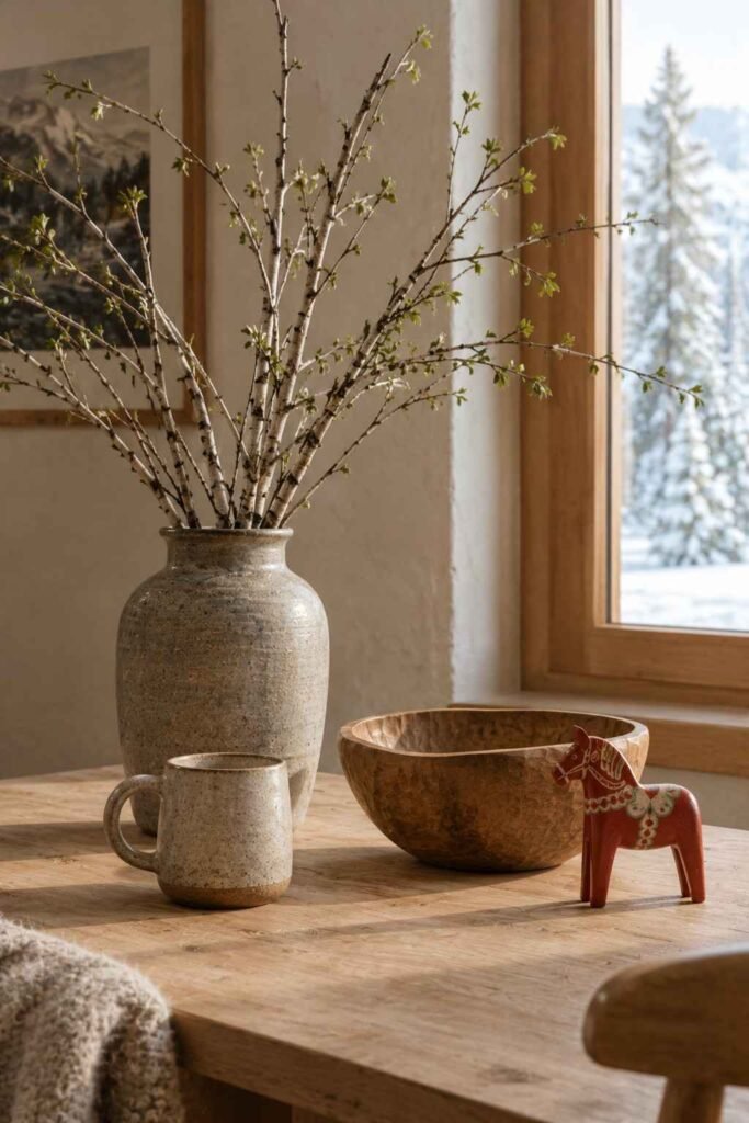27 Scandinavian Mountain Interior Design Ideas: Ways to Create a Warm Nordic Cabin 20 Birch branches, handmade ceramics and a painted wooden horse styled on a Nordic cabin table