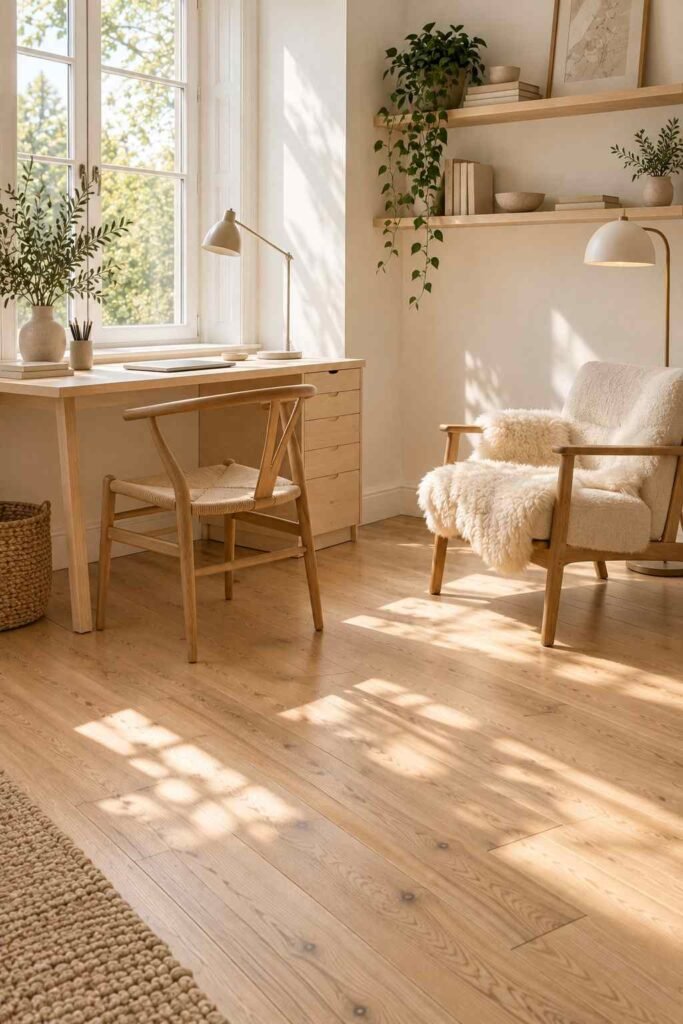 30 Scandinavian Interior Design Ideas with Wood Block Flooring for a Warm, Light-Filled Home 16 Birch desk and sheepskin reading nook on light wood block flooring in a home office