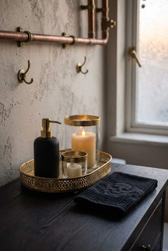 Black soap pump and gold candle holders on a gold tray for an elegant Halloween bathroom