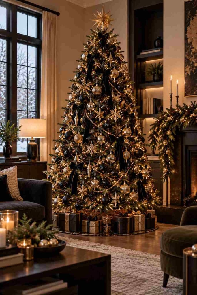 Black and gold modern Christmas tree with brass accents.