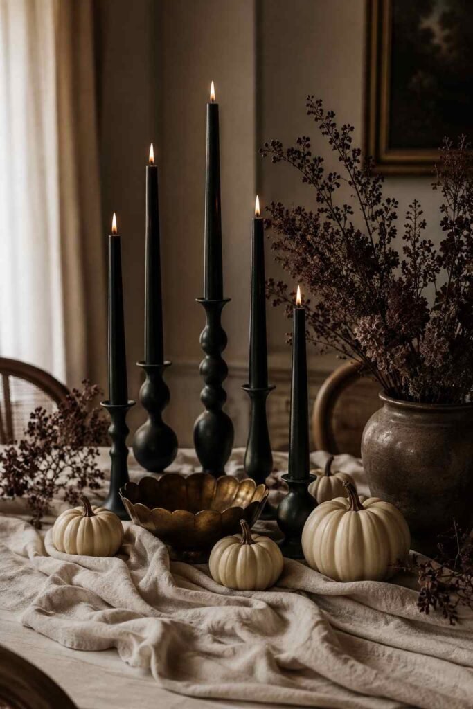 Matte black candlesticks on cream linen with ivory pumpkins and a brass accent