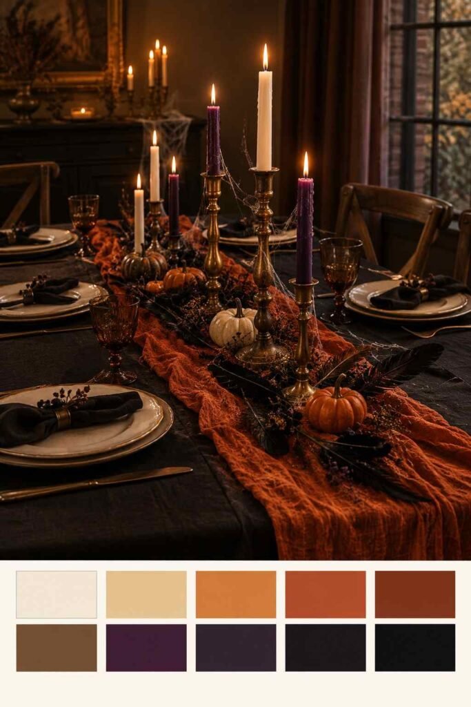 28 Halloween Party Decorations Indoor: Spooky Ideas That Transform Any Room 7 Black and orange Halloween tablescape with candles and pumpkins, with a color palette swatch strip below