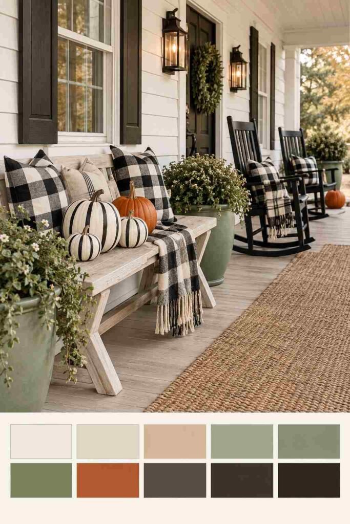 Black-and-white farmhouse Halloween porch with striped pumpkins, with a 10-swatch warm white, charcoal, sage, and burnt orange palette strip.