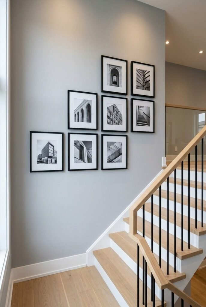 28 Stairs Wall Decor Ideas Modern Luxury Interiors Style Your Staircase Wall 5 Black-and-white architectural photography series in matching frames on a stairs wall