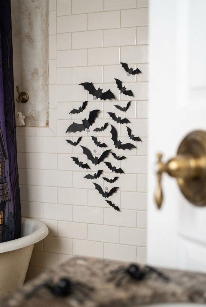 Black paper bat silhouettes stuck on white shower tiles as Halloween bathroom decor