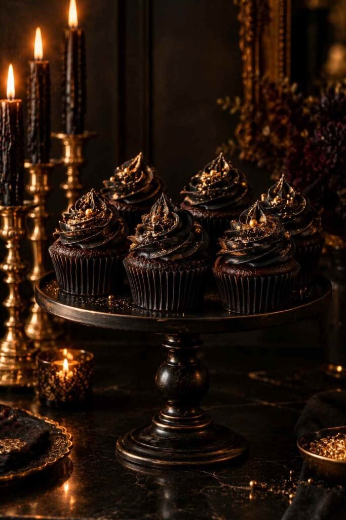 28 Elegant Black & Gold Halloween Ideas for Your Porch, Table & Party Spooky Season 15 Black buttercream cupcakes dusted with edible gold on a Halloween dessert stand.