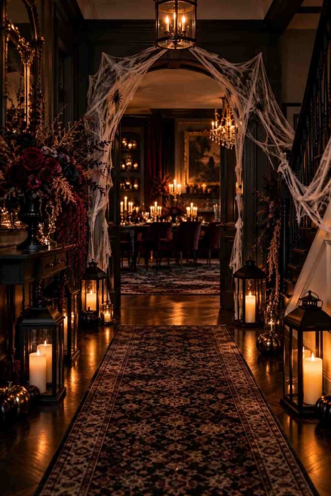 30 Halloween Party Decorations for Adults: Moody, Spooky, Stylish Ideas for Any Home 3 Entryway with black candle lanterns and a cobweb-draped doorway for an adult Halloween party.