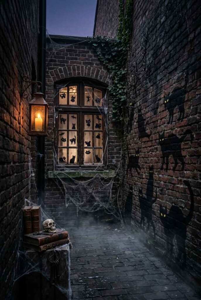 28 Spooky Halloween Theme Ideas to Make October 31 Unforgettable 7 Black cat silhouettes with glowing yellow eyes on a dark window and wall for Halloween.