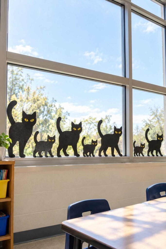 Row of black paper cat silhouettes with yellow eyes on a school window ledge.