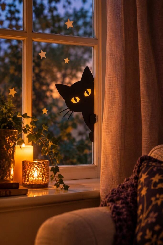 Black cat silhouette with glowing yellow eyes peeking from a window corner.