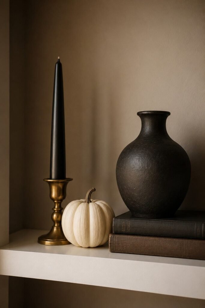 28 Modern Halloween Shelf Styling Ideas That Look Stylish, Not Scary: A Chic, Spooky Home 3 Halloween shelf decor in black, cream, and brass with a cream pumpkin and brass candlestick.