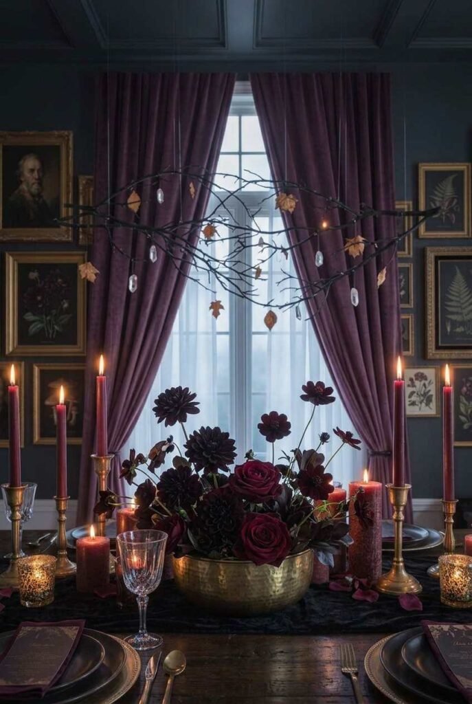 Luxury Halloween Dining Room Decor Ideas: 30 Ways to Style a Dark, Elegant Table 15 Black dahlia and burgundy rose centerpiece in a brass bowl for Halloween