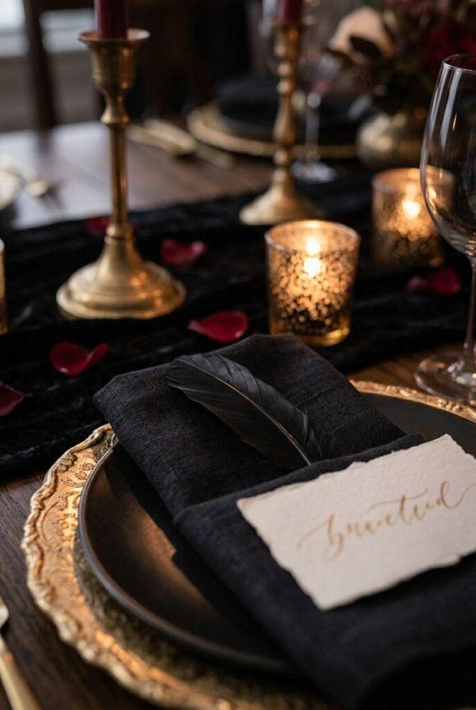 Luxury Halloween Dining Room Decor Ideas: 30 Ways to Style a Dark, Elegant Table 8 Black feather and cream place card on a napkin at a Halloween dinner table