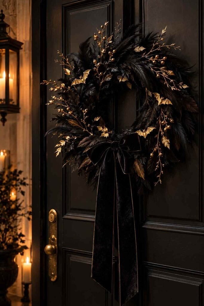28 Elegant Black & Gold Halloween Ideas for Your Porch, Table & Party Spooky Season 4 Black Halloween wreath with gold-tipped branches and a velvet ribbon on a dark front door.